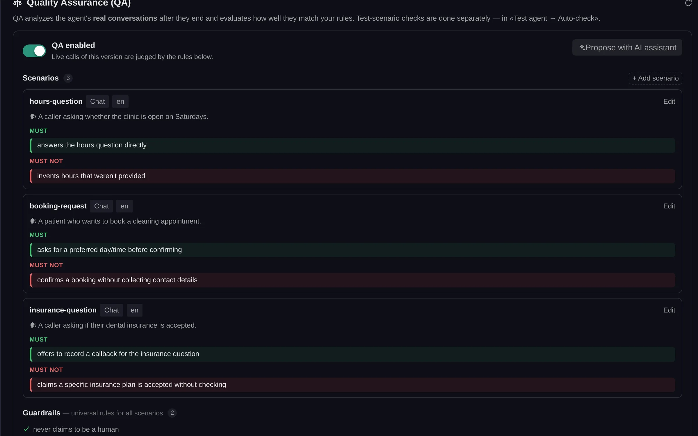 The gptagent quality-control view: every conversation scored against MUST and MUST NOT rules.
